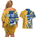 Personalized Parramatta Eels Couples Matching Off Shoulder Short Dress and Hawaiian Shirt Dynamic Lightning Mascot Rugby Australia