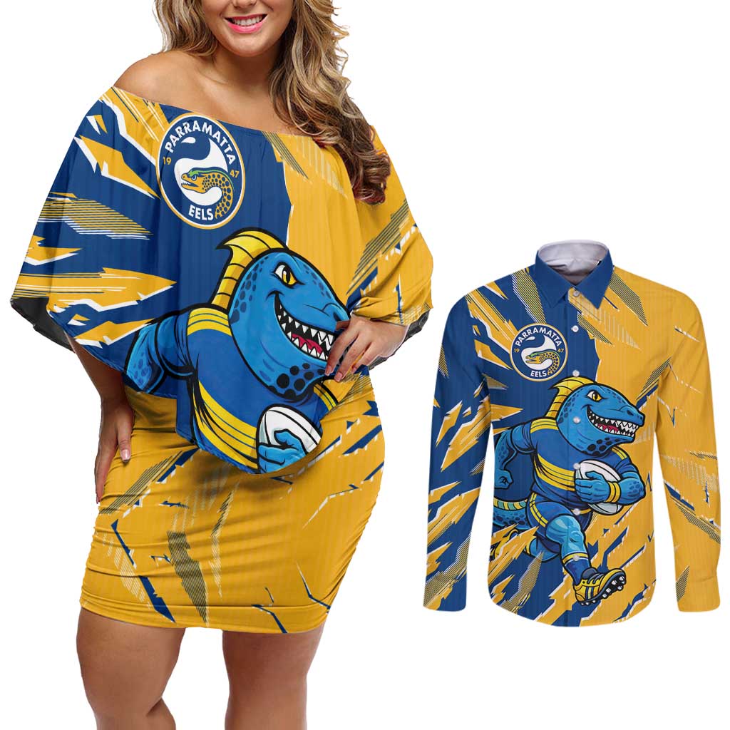 Personalized Parramatta Eels Couples Matching Off Shoulder Short Dress and Long Sleeve Button Shirt Dynamic Lightning Mascot Rugby Australia