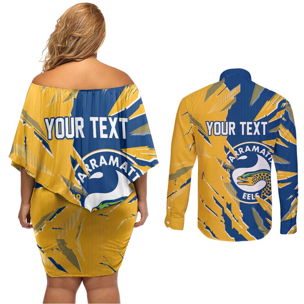 Personalized Parramatta Eels Couples Matching Off Shoulder Short Dress and Long Sleeve Button Shirt Dynamic Lightning Mascot Rugby Australia