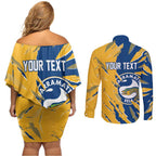 Personalized Parramatta Eels Couples Matching Off Shoulder Short Dress and Long Sleeve Button Shirt Dynamic Lightning Mascot Rugby Australia