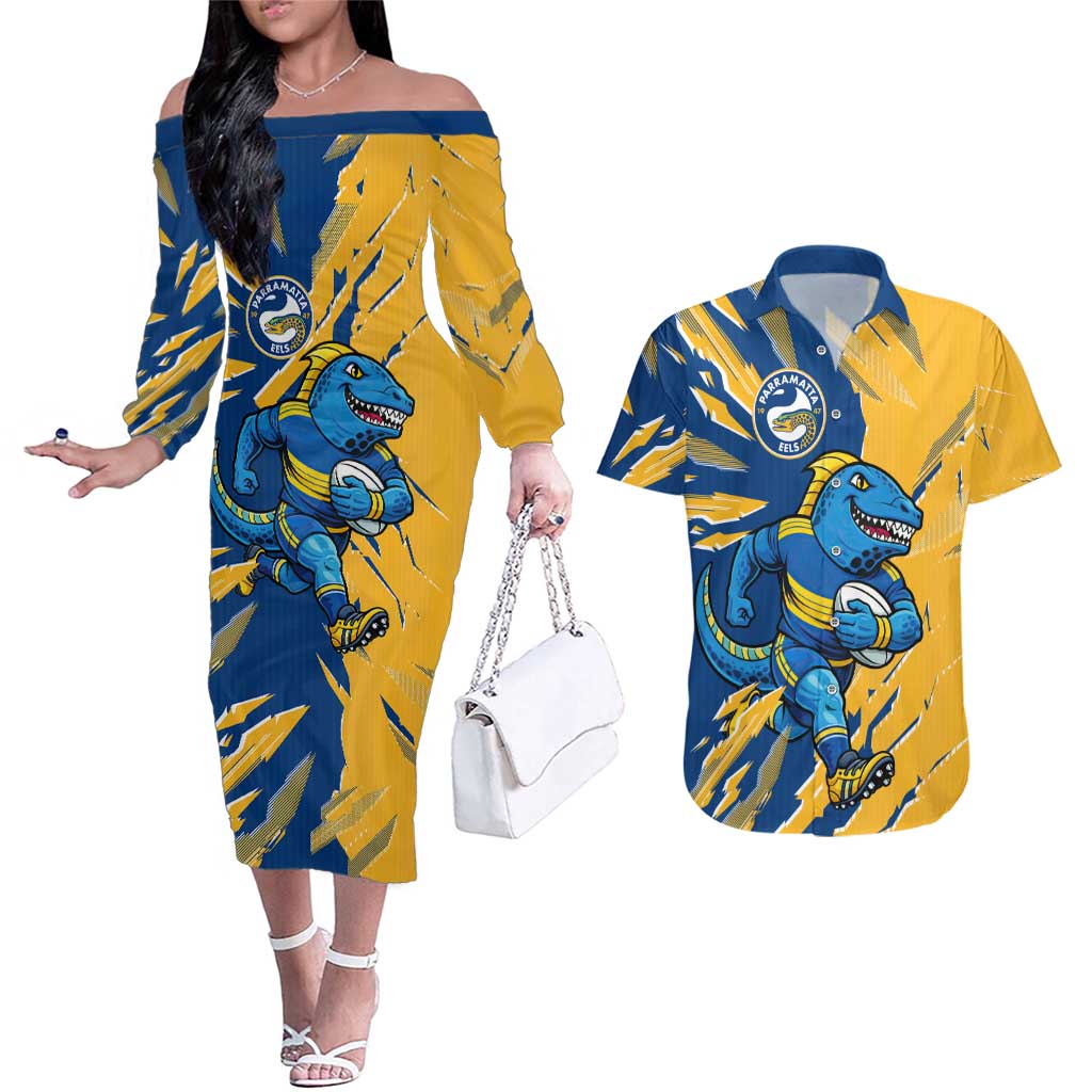 Personalized Parramatta Eels Couples Matching Off The Shoulder Long Sleeve Dress and Hawaiian Shirt Dynamic Lightning Mascot Rugby Australia