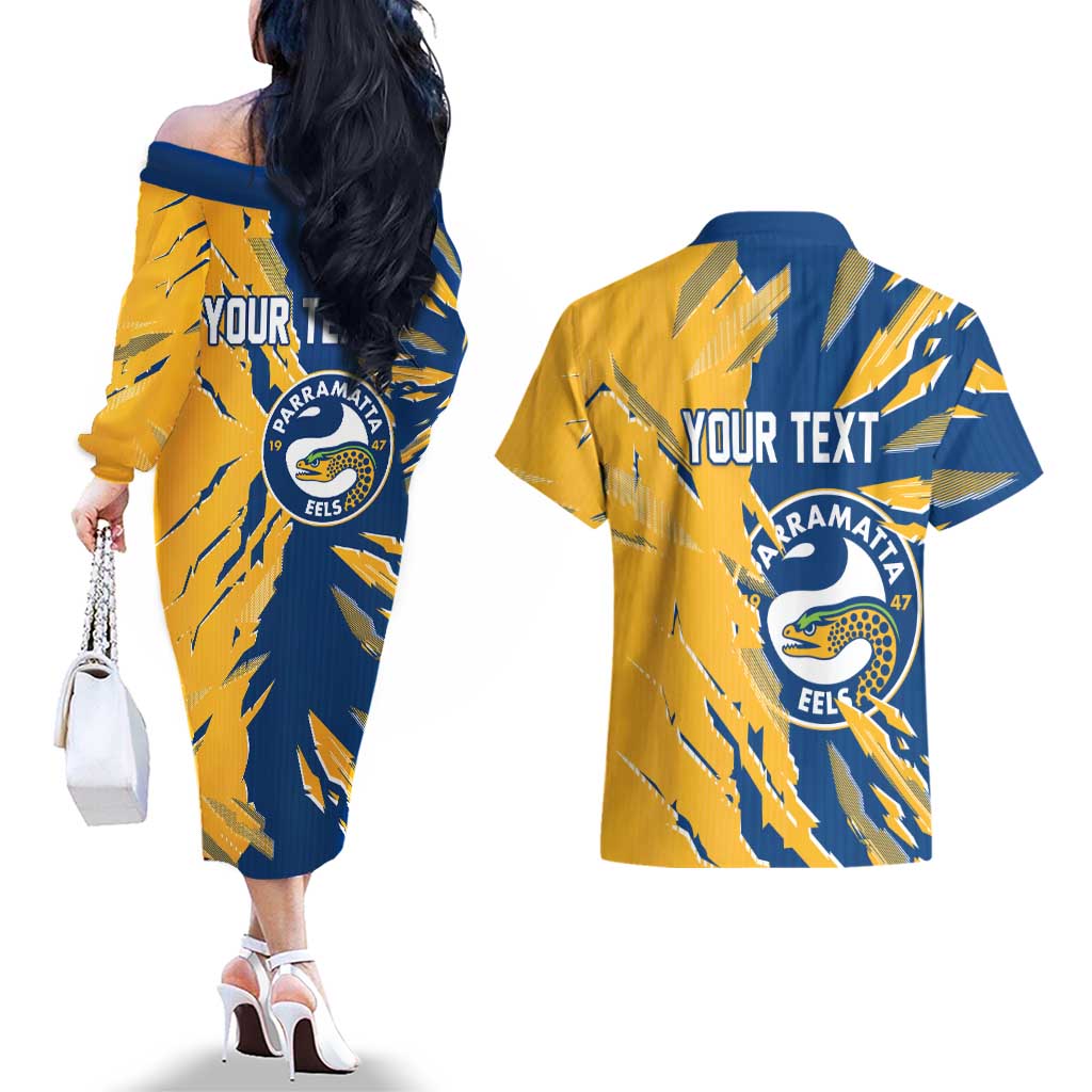 Personalized Parramatta Eels Couples Matching Off The Shoulder Long Sleeve Dress and Hawaiian Shirt Dynamic Lightning Mascot Rugby Australia