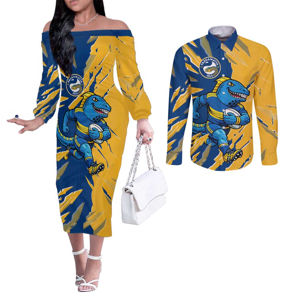 Personalized Parramatta Eels Couples Matching Off The Shoulder Long Sleeve Dress and Long Sleeve Button Shirt Dynamic Lightning Mascot Rugby Australia