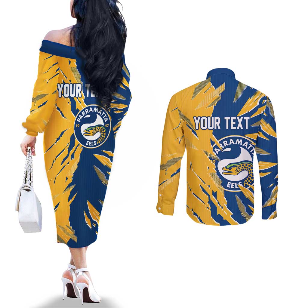 Personalized Parramatta Eels Couples Matching Off The Shoulder Long Sleeve Dress and Long Sleeve Button Shirt Dynamic Lightning Mascot Rugby Australia
