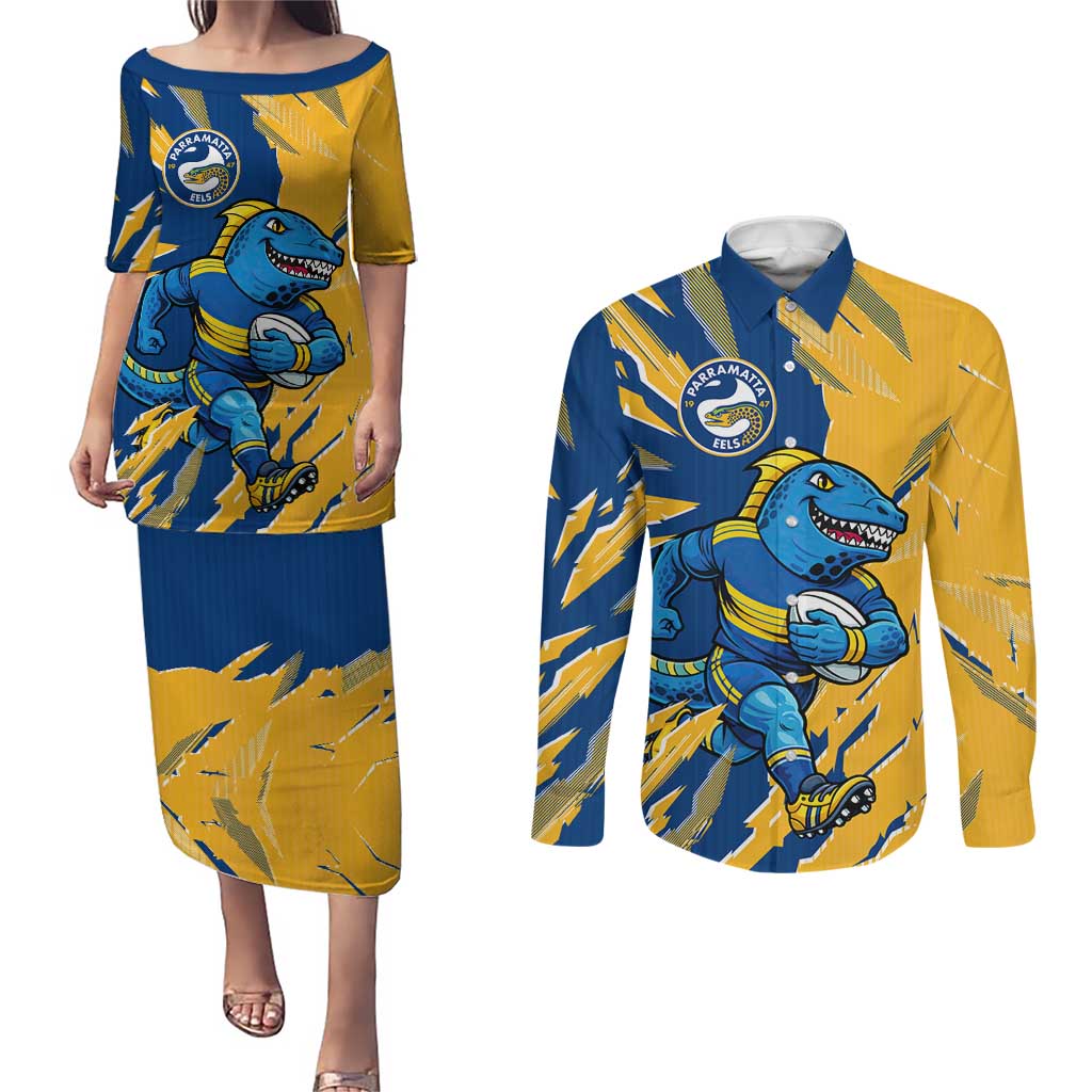 Personalized Parramatta Eels Couples Matching Puletasi and Long Sleeve Button Shirt Dynamic Lightning Mascot Rugby Australia