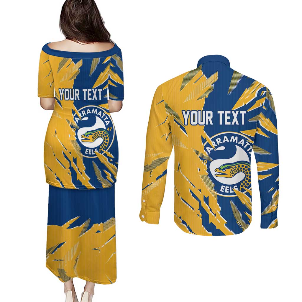 Personalized Parramatta Eels Couples Matching Puletasi and Long Sleeve Button Shirt Dynamic Lightning Mascot Rugby Australia