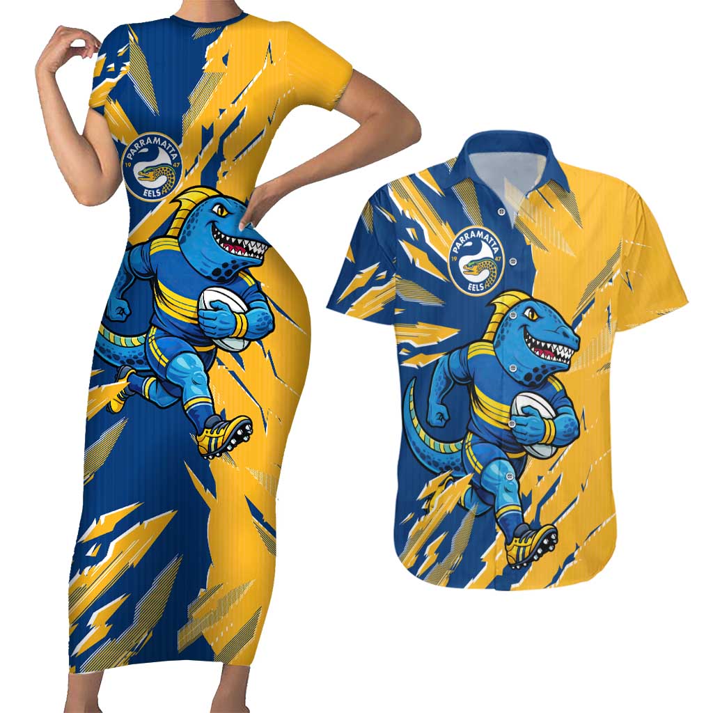 Personalized Parramatta Eels Couples Matching Short Sleeve Bodycon Dress and Hawaiian Shirt Dynamic Lightning Mascot Rugby Australia