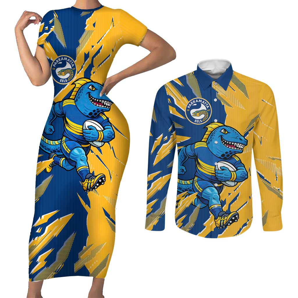 Personalized Parramatta Eels Couples Matching Short Sleeve Bodycon Dress and Long Sleeve Button Shirt Dynamic Lightning Mascot Rugby Australia