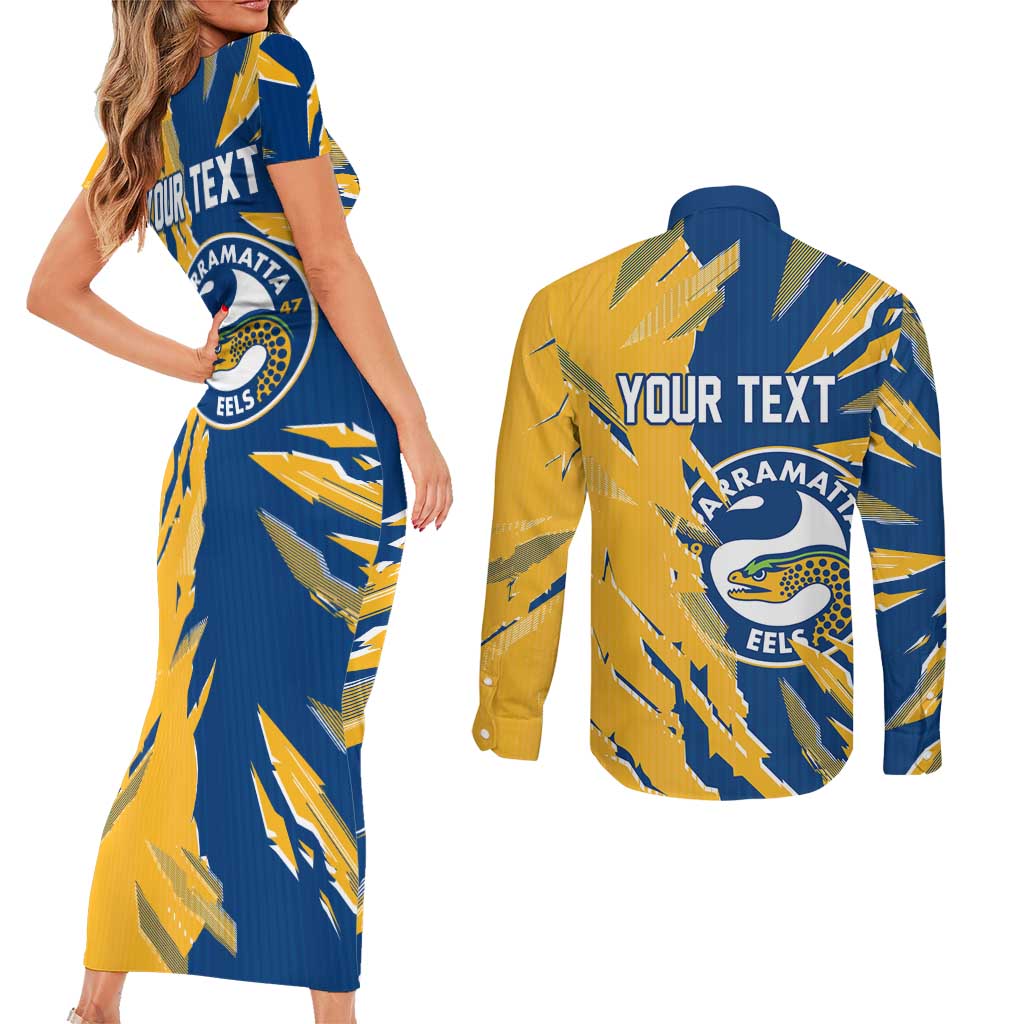 Personalized Parramatta Eels Couples Matching Short Sleeve Bodycon Dress and Long Sleeve Button Shirt Dynamic Lightning Mascot Rugby Australia