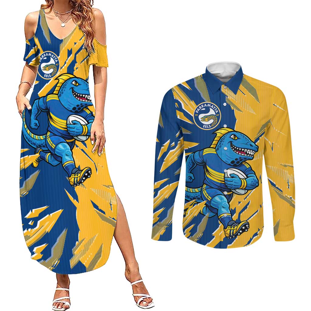 Personalized Parramatta Eels Couples Matching Summer Maxi Dress and Long Sleeve Button Shirt Dynamic Lightning Mascot Rugby Australia
