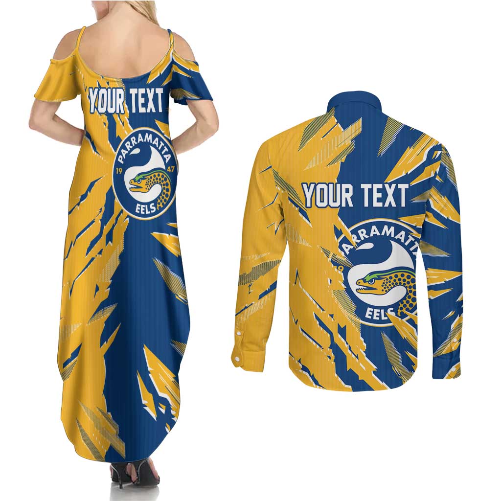 Personalized Parramatta Eels Couples Matching Summer Maxi Dress and Long Sleeve Button Shirt Dynamic Lightning Mascot Rugby Australia