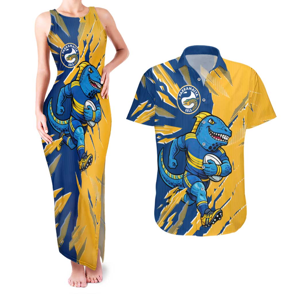 Personalized Parramatta Eels Couples Matching Tank Maxi Dress and Hawaiian Shirt Dynamic Lightning Mascot Rugby Australia
