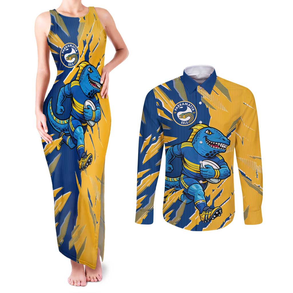 Personalized Parramatta Eels Couples Matching Tank Maxi Dress and Long Sleeve Button Shirt Dynamic Lightning Mascot Rugby Australia