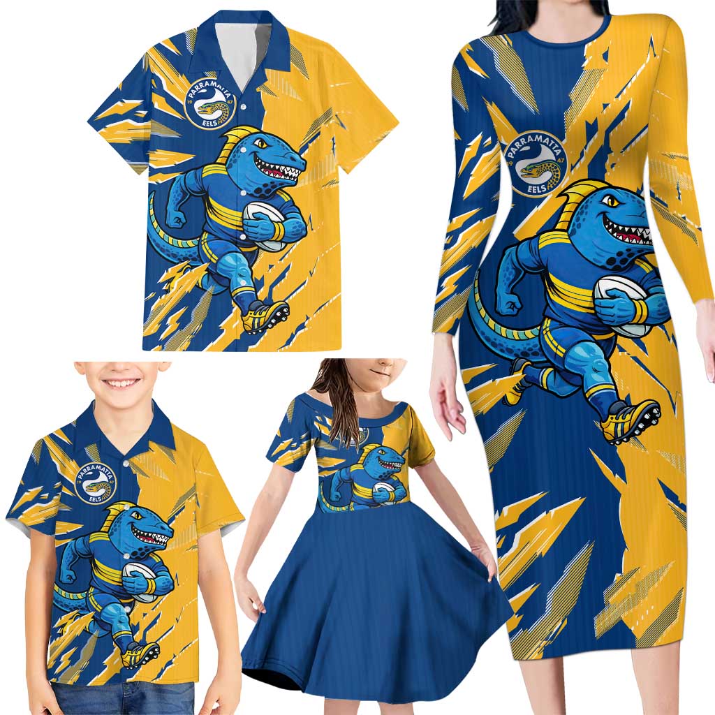 Personalized Parramatta Eels Family Matching Long Sleeve Bodycon Dress and Hawaiian Shirt Dynamic Lightning Mascot Rugby Australia