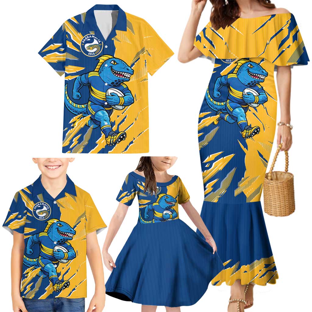 Personalized Parramatta Eels Family Matching Mermaid Dress and Hawaiian Shirt Dynamic Lightning Mascot Rugby Australia