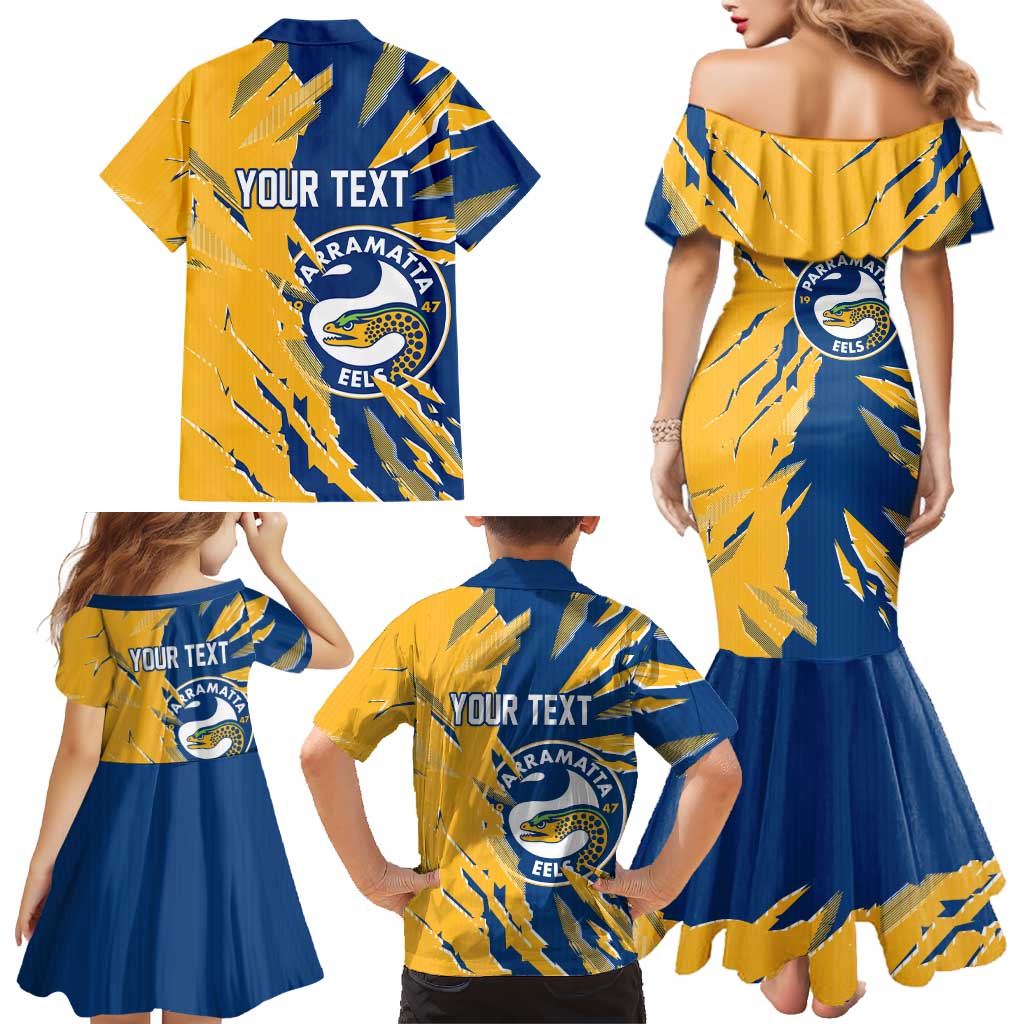 Personalized Parramatta Eels Family Matching Mermaid Dress and Hawaiian Shirt Dynamic Lightning Mascot Rugby Australia
