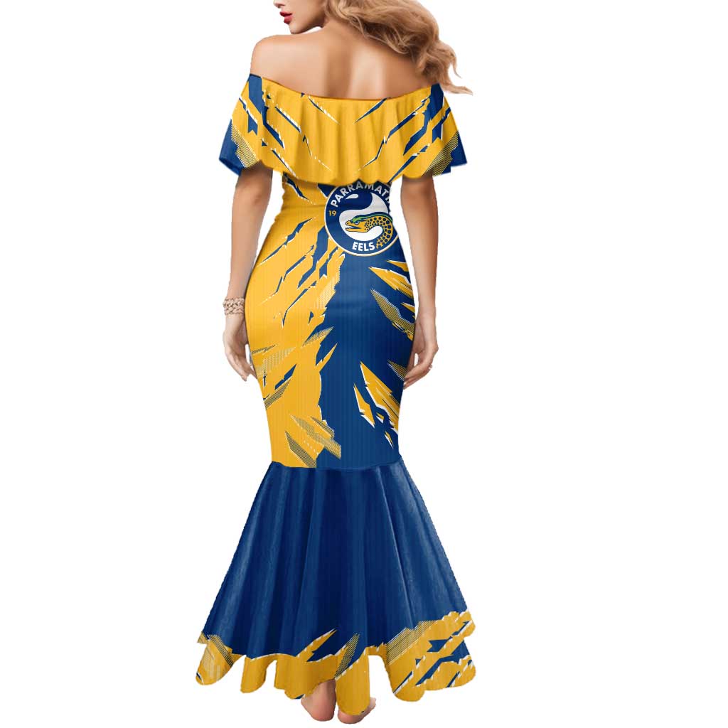 Personalized Parramatta Eels Family Matching Mermaid Dress and Hawaiian Shirt Dynamic Lightning Mascot Rugby Australia