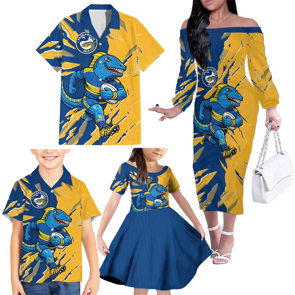 Personalized Parramatta Eels Family Matching Off The Shoulder Long Sleeve Dress and Hawaiian Shirt Dynamic Lightning Mascot Rugby Australia