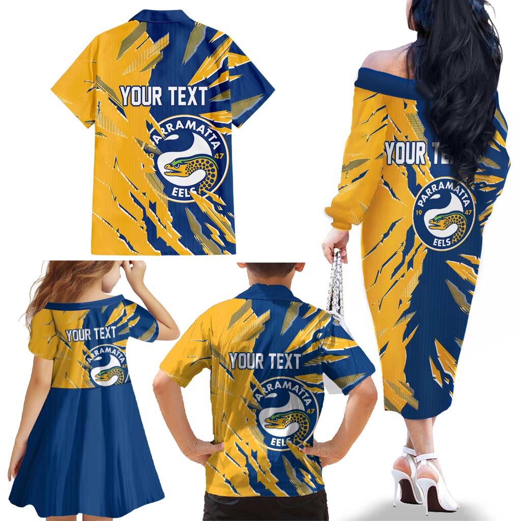 Personalized Parramatta Eels Family Matching Off The Shoulder Long Sleeve Dress and Hawaiian Shirt Dynamic Lightning Mascot Rugby Australia