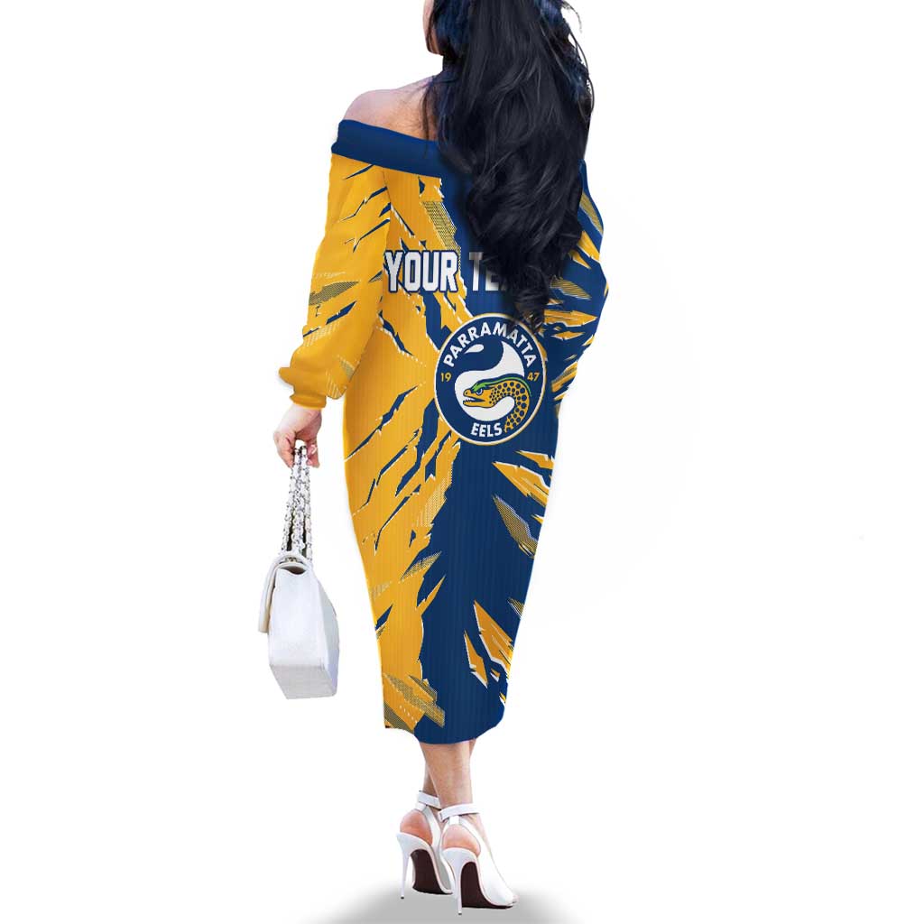 Personalized Parramatta Eels Family Matching Off The Shoulder Long Sleeve Dress and Hawaiian Shirt Dynamic Lightning Mascot Rugby Australia