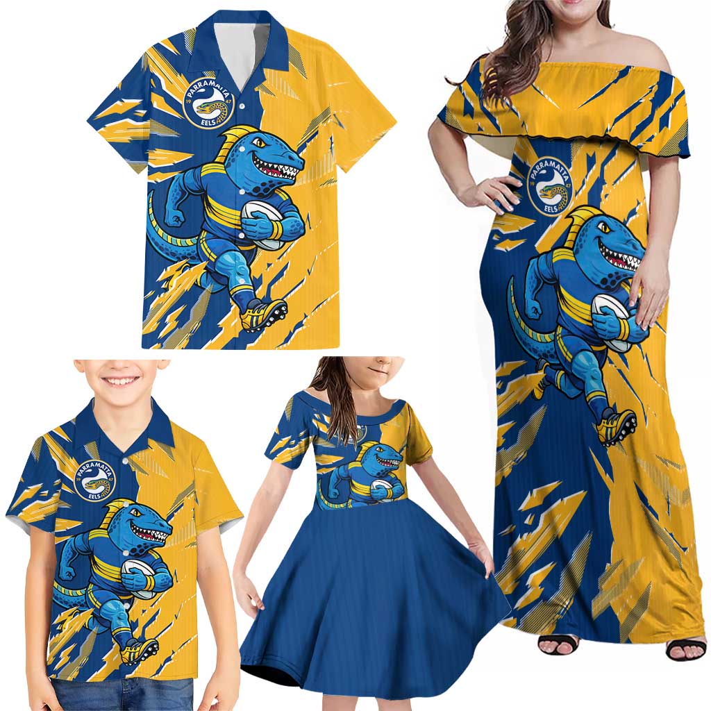 Personalized Parramatta Eels Family Matching Off Shoulder Maxi Dress and Hawaiian Shirt Dynamic Lightning Mascot Rugby Australia