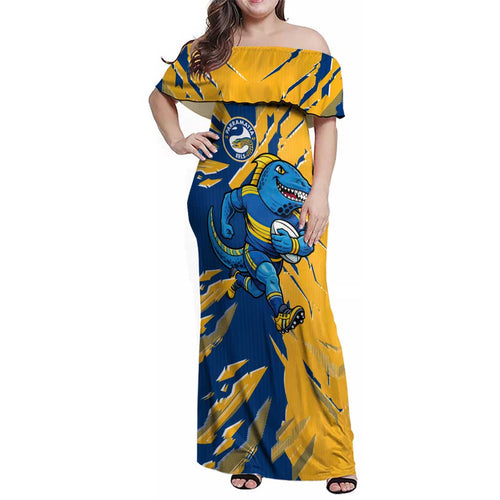 Personalized Parramatta Eels Family Matching Off Shoulder Maxi Dress and Hawaiian Shirt Dynamic Lightning Mascot Rugby Australia