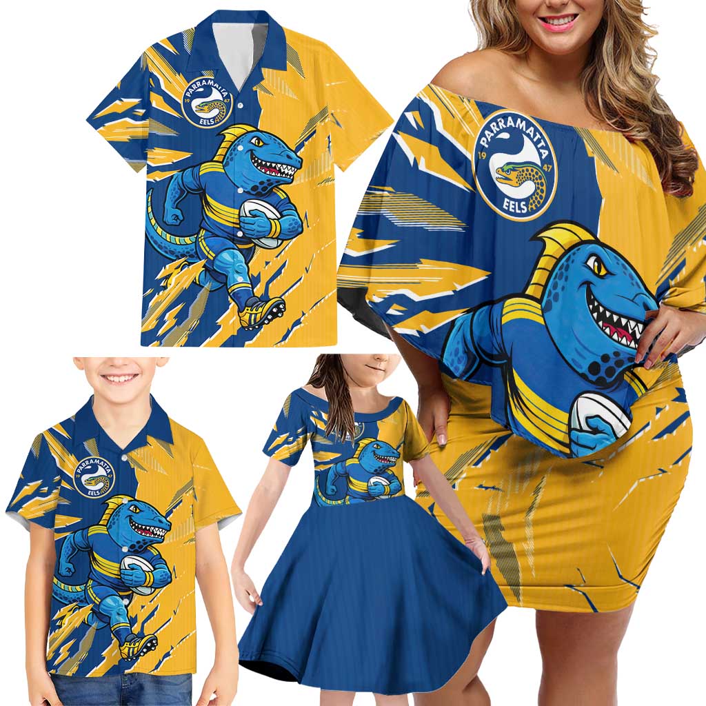 Personalized Parramatta Eels Family Matching Off Shoulder Short Dress and Hawaiian Shirt Dynamic Lightning Mascot Rugby Australia
