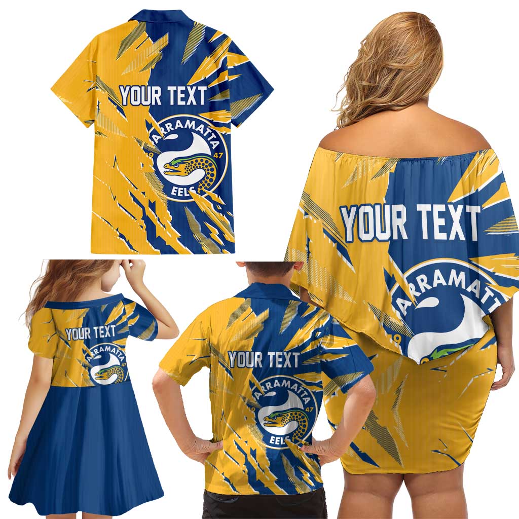 Personalized Parramatta Eels Family Matching Off Shoulder Short Dress and Hawaiian Shirt Dynamic Lightning Mascot Rugby Australia