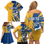 Personalized Parramatta Eels Family Matching Off Shoulder Short Dress and Hawaiian Shirt Dynamic Lightning Mascot Rugby Australia