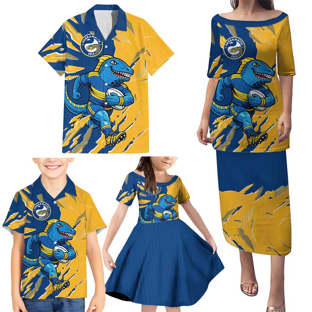Personalized Parramatta Eels Family Matching Puletasi and Hawaiian Shirt Dynamic Lightning Mascot Rugby Australia