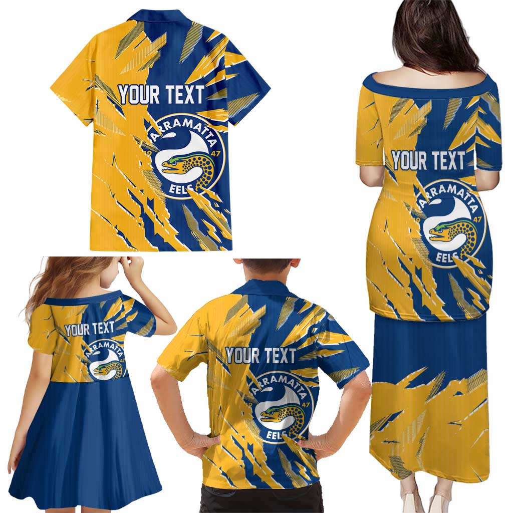 Personalized Parramatta Eels Family Matching Puletasi and Hawaiian Shirt Dynamic Lightning Mascot Rugby Australia
