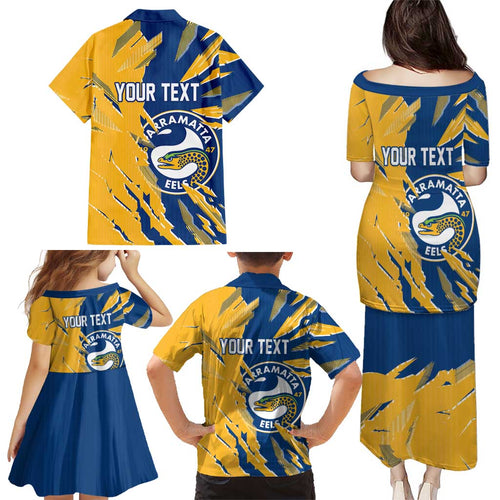 Personalized Parramatta Eels Family Matching Puletasi and Hawaiian Shirt Dynamic Lightning Mascot Rugby Australia