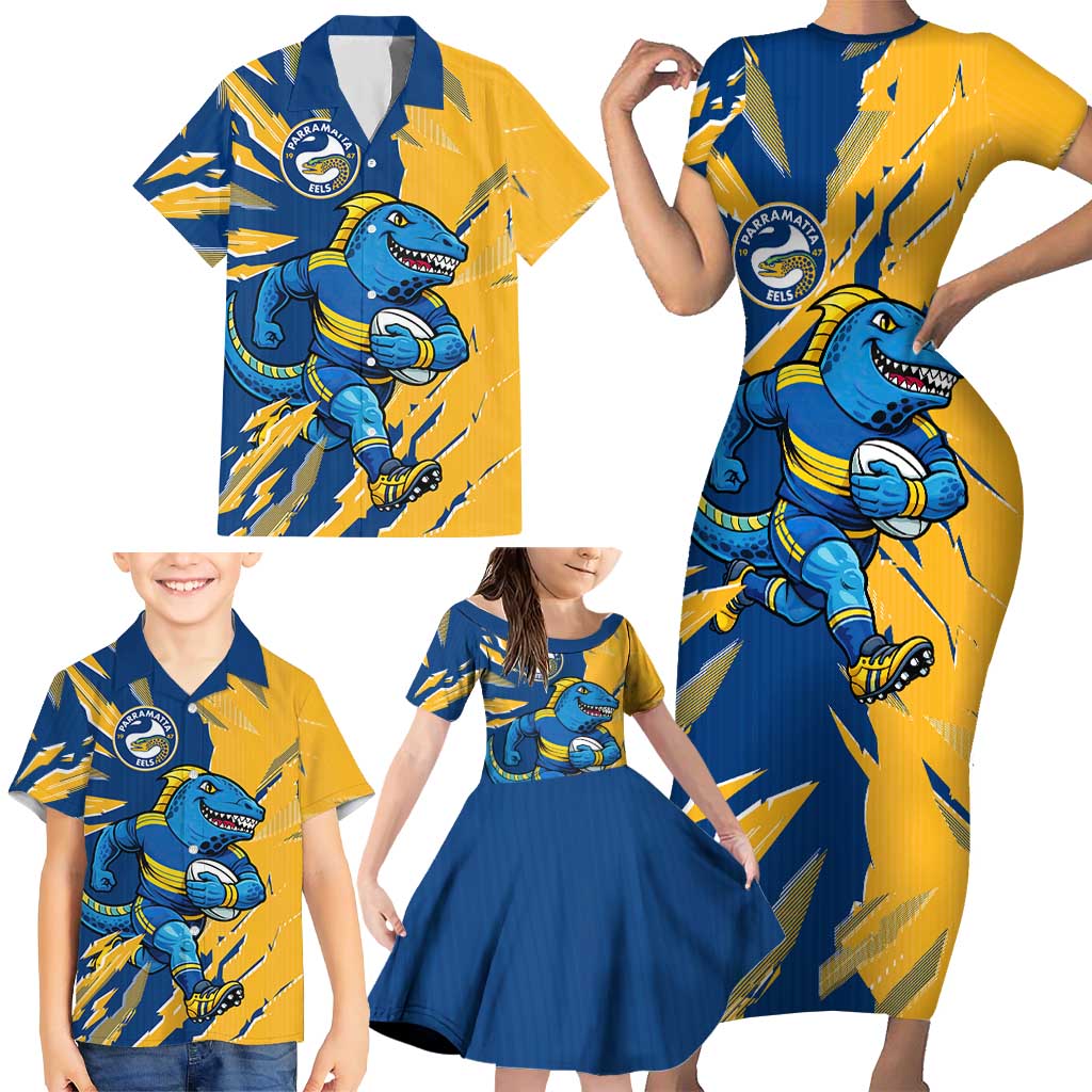 Personalized Parramatta Eels Family Matching Short Sleeve Bodycon Dress and Hawaiian Shirt Dynamic Lightning Mascot Rugby Australia