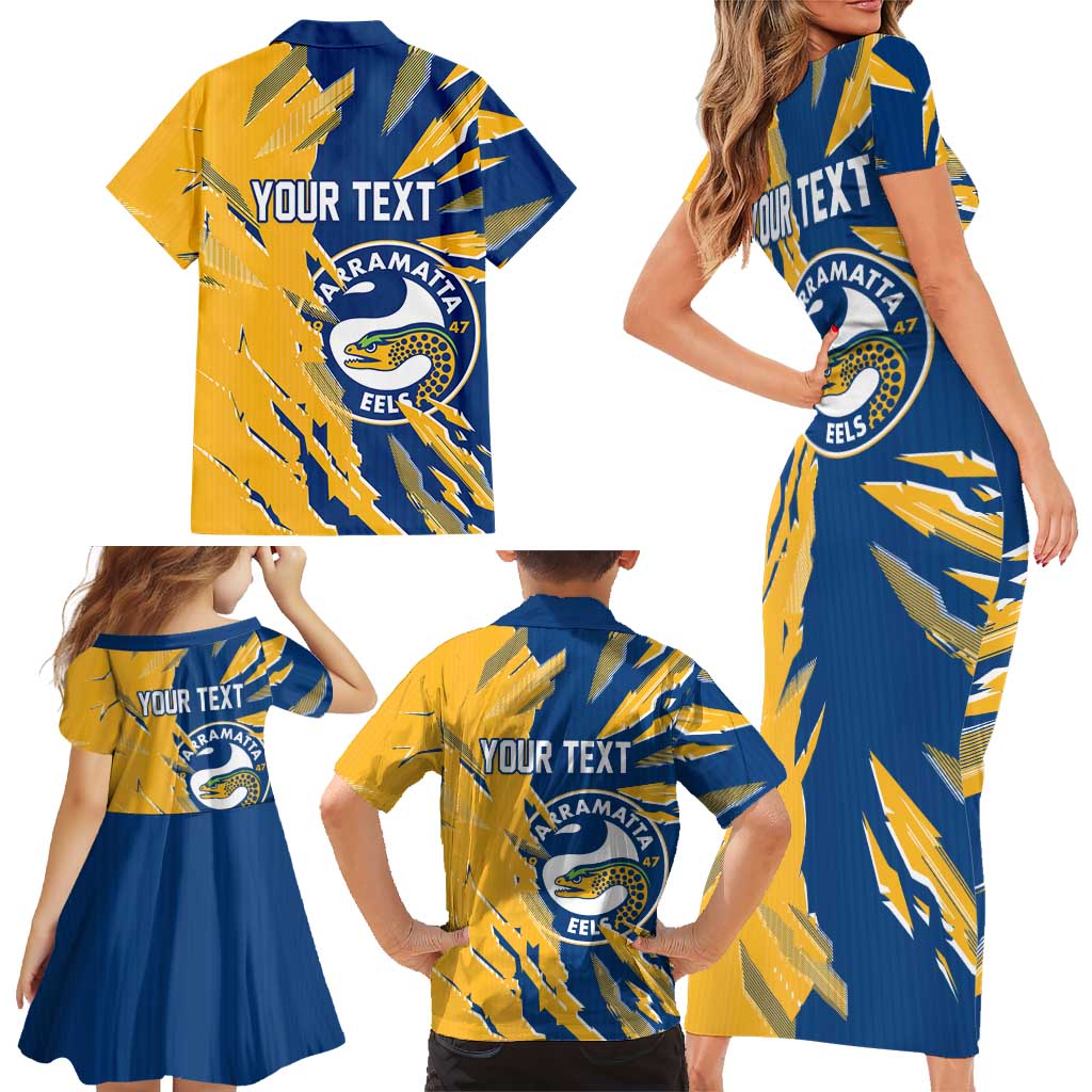 Personalized Parramatta Eels Family Matching Short Sleeve Bodycon Dress and Hawaiian Shirt Dynamic Lightning Mascot Rugby Australia