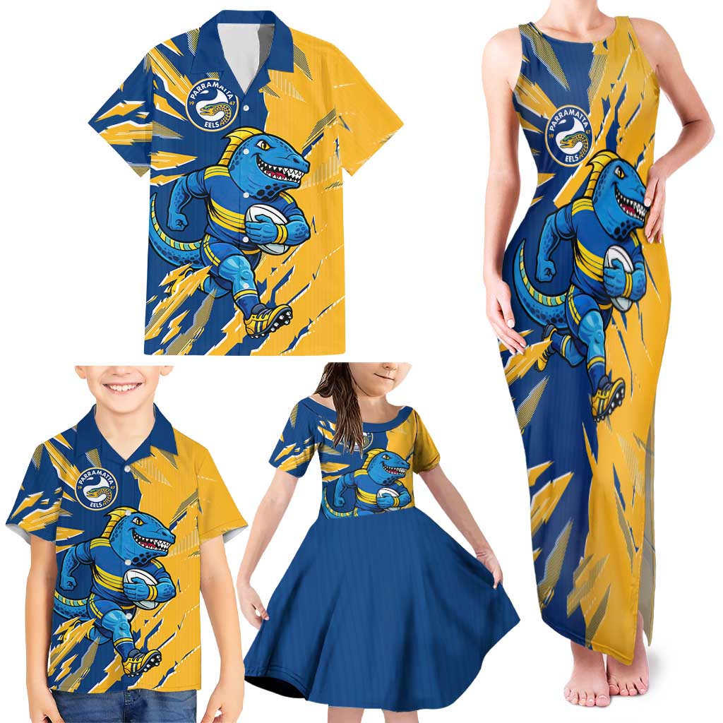 Personalized Parramatta Eels Family Matching Tank Maxi Dress and Hawaiian Shirt Dynamic Lightning Mascot Rugby Australia