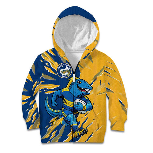 Personalized Parramatta Eels Kid Hoodie Dynamic Lightning Mascot Rugby Australia