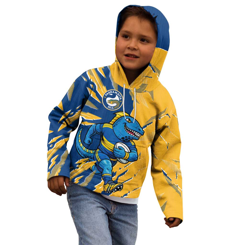 Personalized Parramatta Eels Kid Hoodie Dynamic Lightning Mascot Rugby Australia