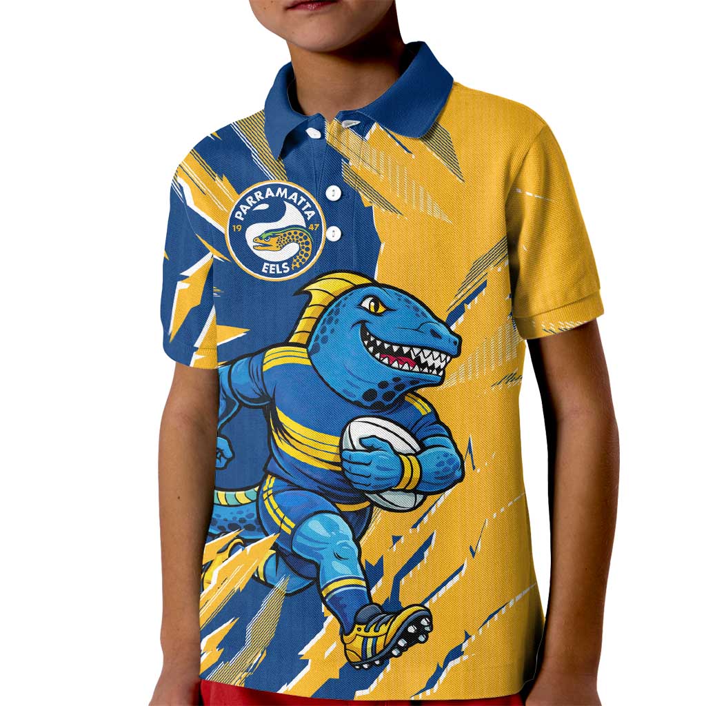Personalized Parramatta Eels Kid Polo Shirt Dynamic Lightning Mascot Rugby Australia