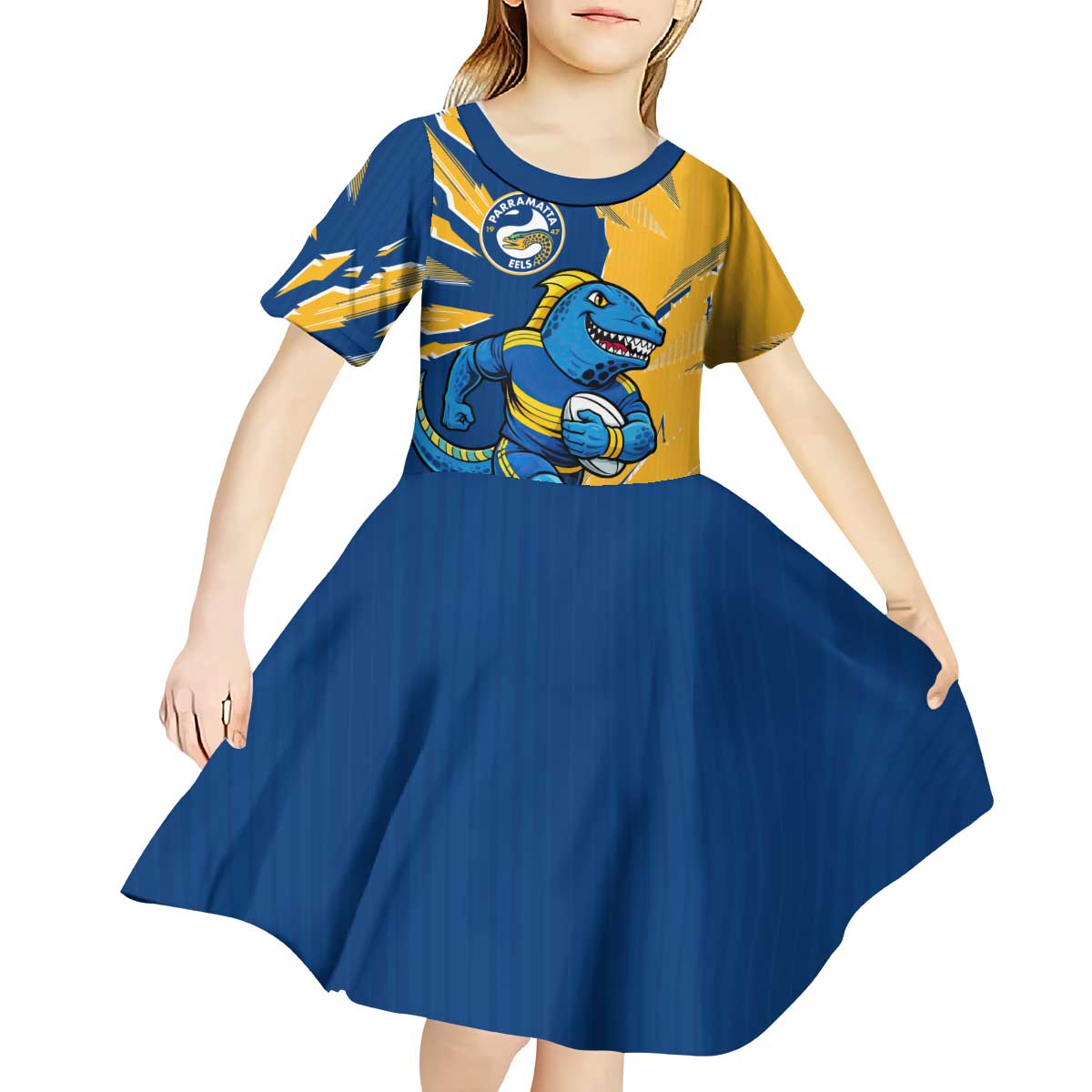Personalized Parramatta Eels Kid Short Sleeve Dress Dynamic Lightning Mascot Rugby Australia
