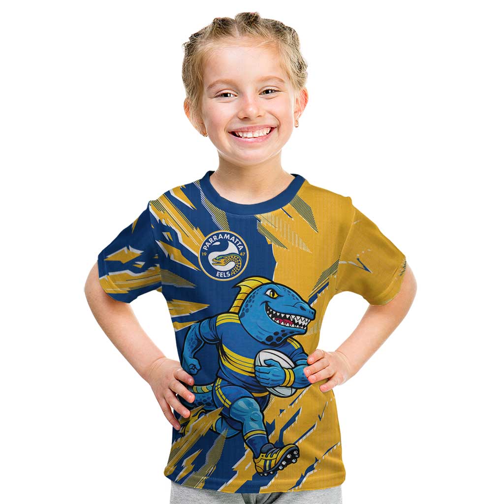 Personalized Parramatta Eels Kid T Shirt Dynamic Lightning Mascot Rugby Australia