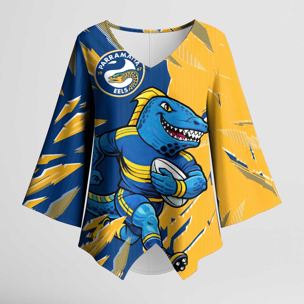 Personalized Parramatta Eels Kimono Sleeve Blouse Dynamic Lightning Mascot Rugby Australia