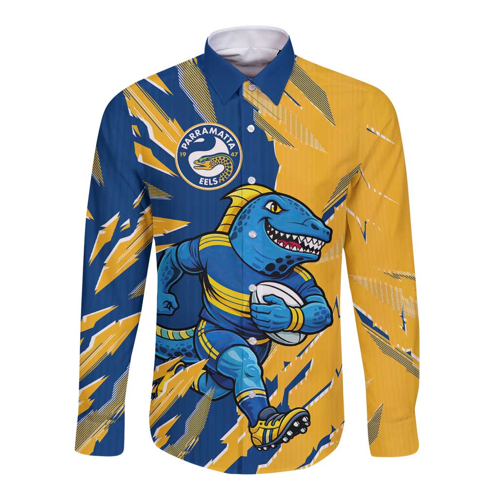 Personalized Parramatta Eels Long Sleeve Button Shirt Dynamic Lightning Mascot Rugby Australia