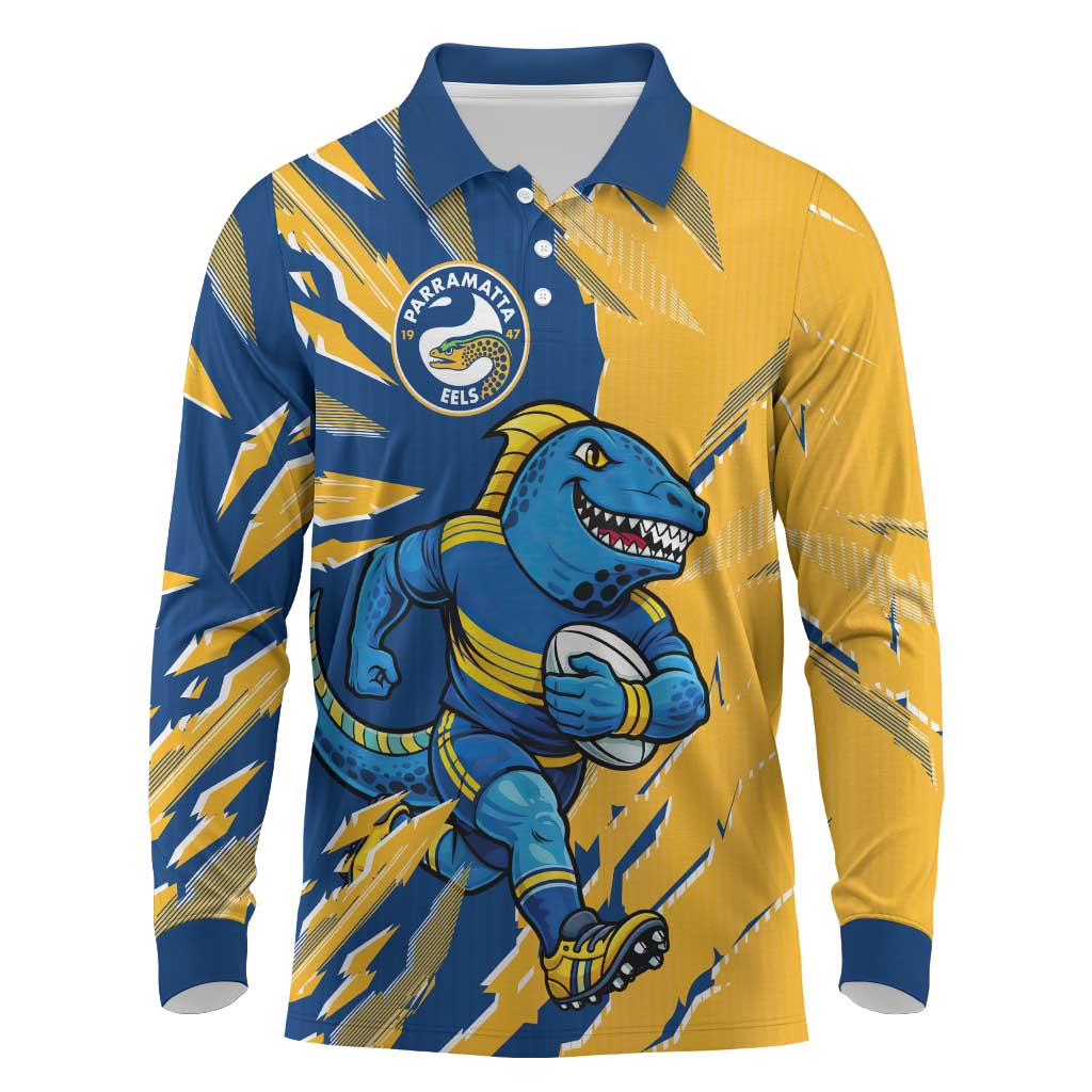 Personalized Parramatta Eels Long Sleeve Polo Shirt Dynamic Lightning Mascot Rugby Australia