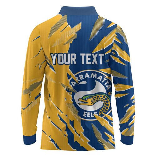 Personalized Parramatta Eels Long Sleeve Polo Shirt Dynamic Lightning Mascot Rugby Australia