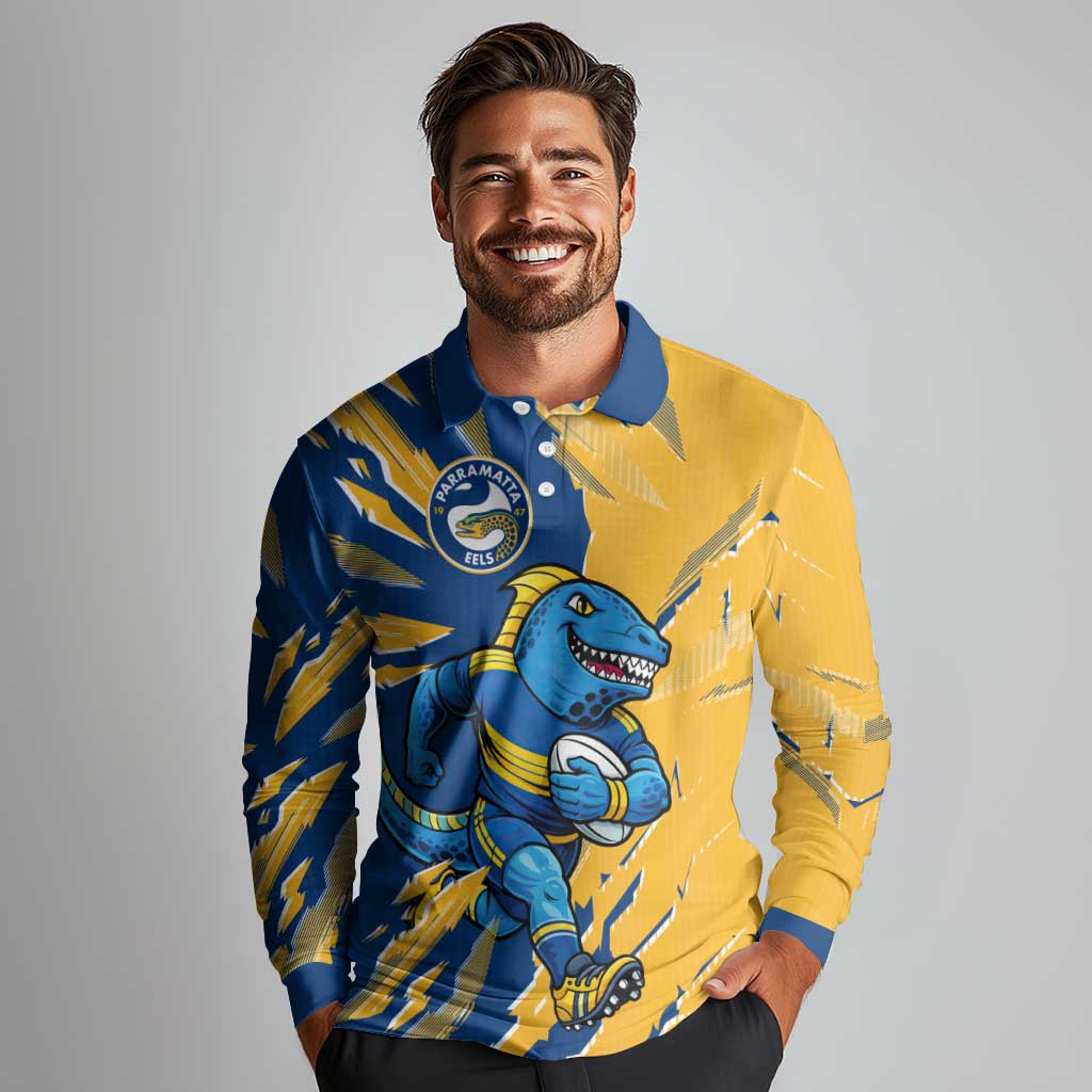 Personalized Parramatta Eels Long Sleeve Polo Shirt Dynamic Lightning Mascot Rugby Australia