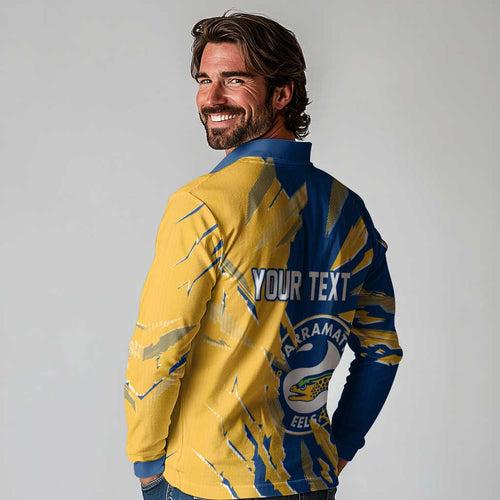 Personalized Parramatta Eels Long Sleeve Polo Shirt Dynamic Lightning Mascot Rugby Australia