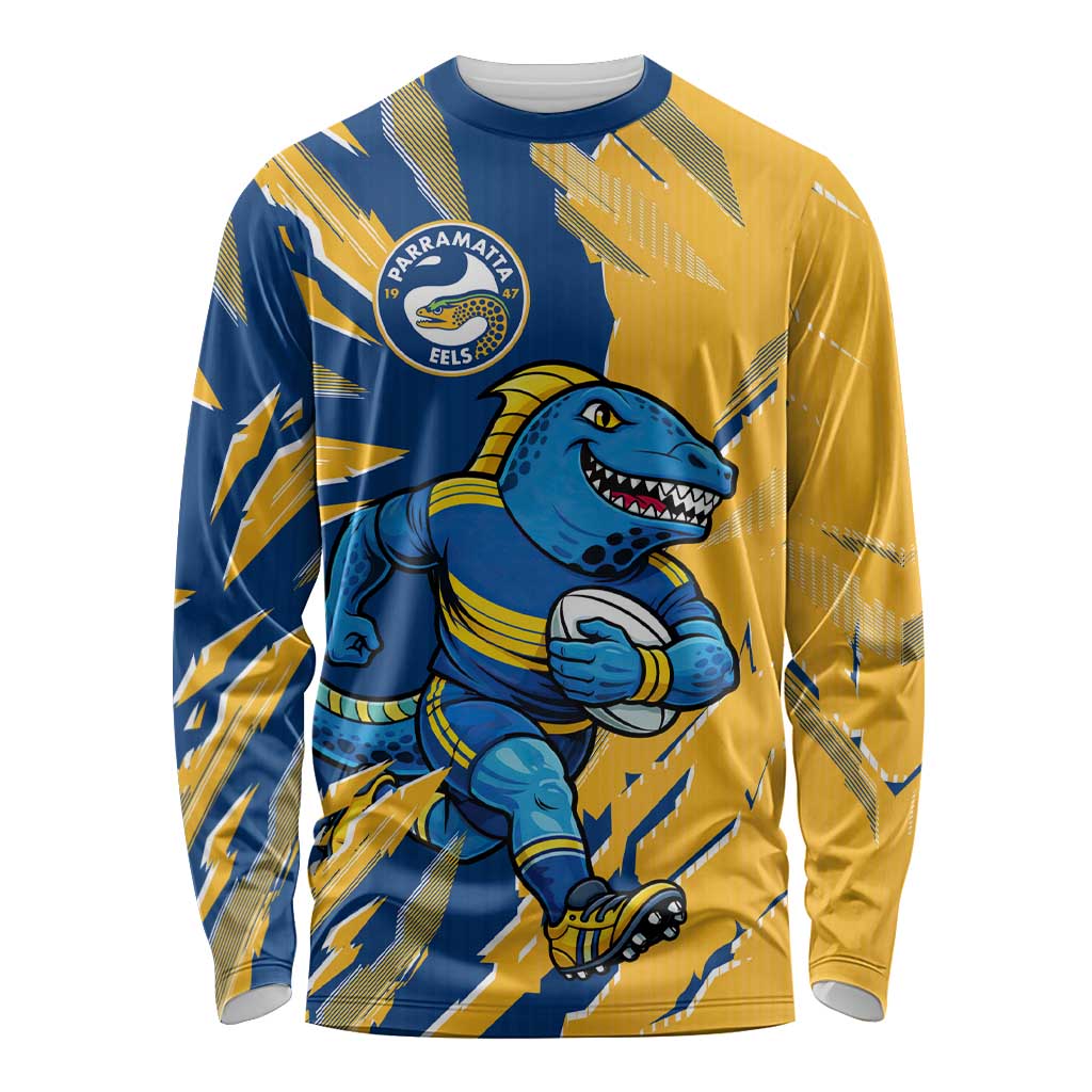 Personalized Parramatta Eels Long Sleeve Shirt Dynamic Lightning Mascot Rugby Australia