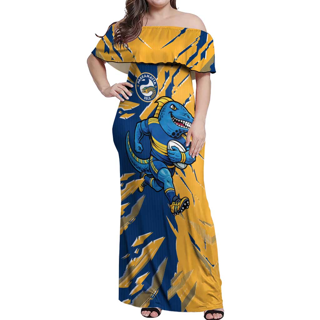 Personalized Parramatta Eels Off Shoulder Maxi Dress Dynamic Lightning Mascot Rugby Australia