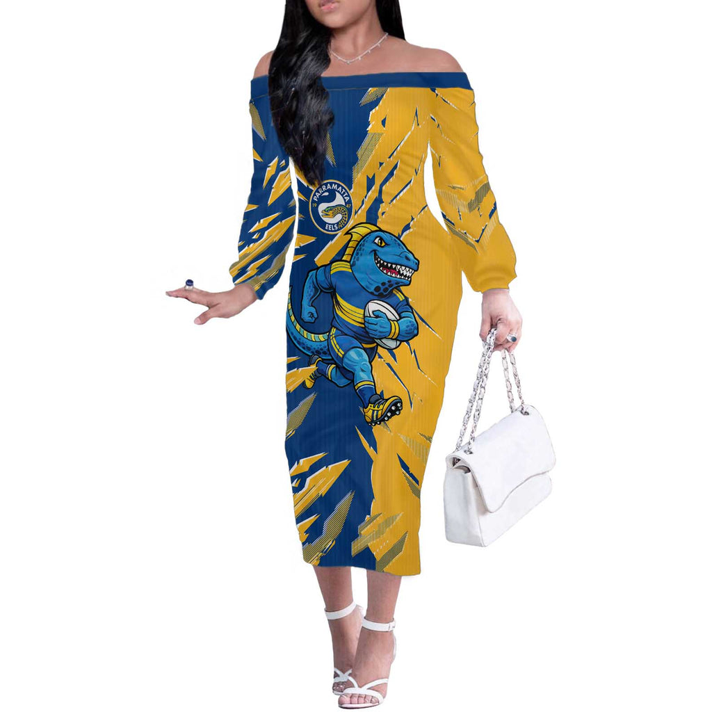 Personalized Parramatta Eels Off The Shoulder Long Sleeve Dress Dynamic Lightning Mascot Rugby Australia