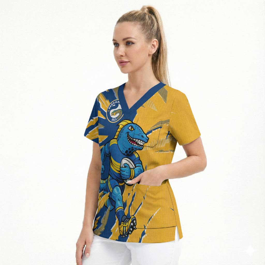 Personalized Parramatta Eels Scrub Top Dynamic Lightning Mascot Rugby Australia